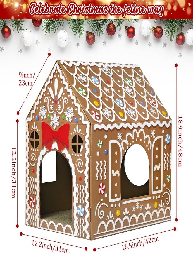Cinrobiye Christmas Cardboard Cat House with Scratcher Pet Gingerbread Board Bed Cave Playhouse Hideaway Hideout Condo Decor Small Animals Scratch Box for Indoor Cats Kittens Rabbits Bunny (Brown, 1) - Image 2